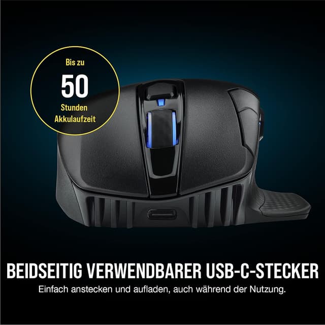 Detalle de CORSAIR DARK CORE RGB PRO Wireless Gaming-Maus mit Sub-1ms Slipstream & iCUE – 18.000 DPI, 8 programmierbare Tasten