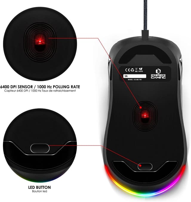 Detalle de EMPIRE GAMING X-Blades: beidhändige kabelgebundene Gaming-Maus mit 6400 DPI, 1000 Hz & LED-RGB