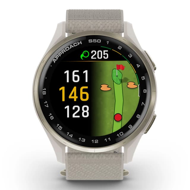 Detalle de Garmin Approach S50: smartwatch de golf con GPS y pantalla AMOLED (reacondicionado “a estrenar”)