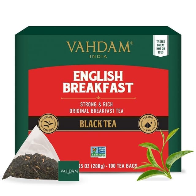 Detalle de VAHDAM English Breakfast Schwarz Tee (100 Teebeutel) – kräftiger Schwarztee als Kaffee-Ersatz, glutenfrei