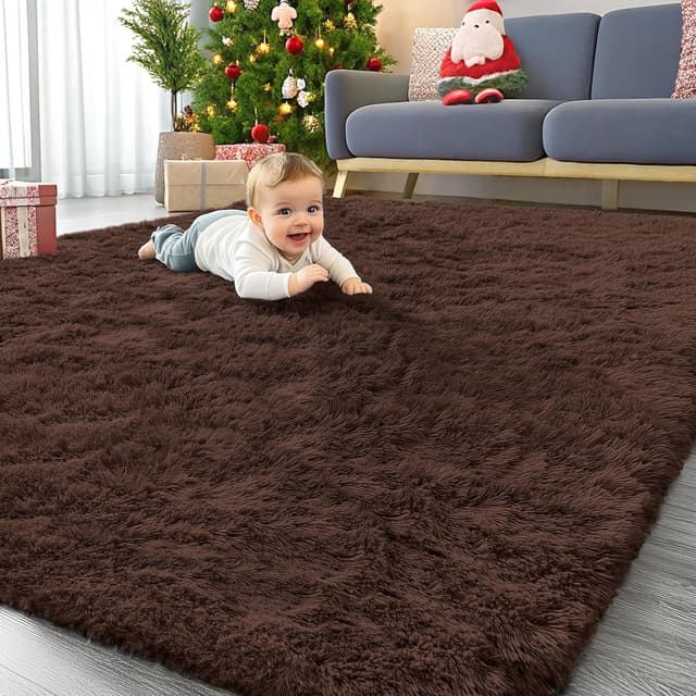 Detalle de Homaxy Hochflor Flauschig Teppich mit Anti-Rutsch Unterseite, waschbar – 140 x 200 cm, Braun