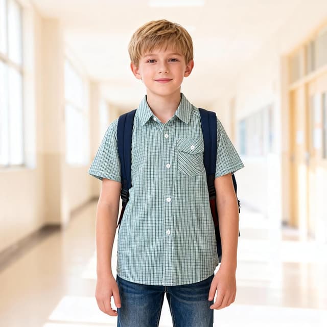 Detalle de Bienzoe Boys Checked Shirt for Son – kids short sleeve school button-up