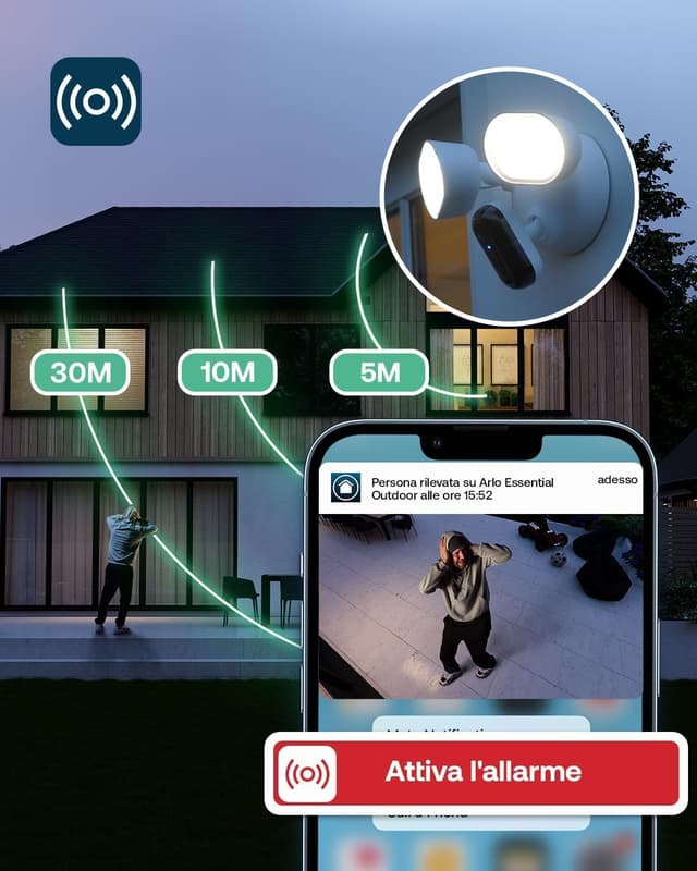 Detalle 2 de Arlo Floodlight 2K con cavo: telecamera Wi‑Fi da esterno con 2K HDR e visione notturna a colori