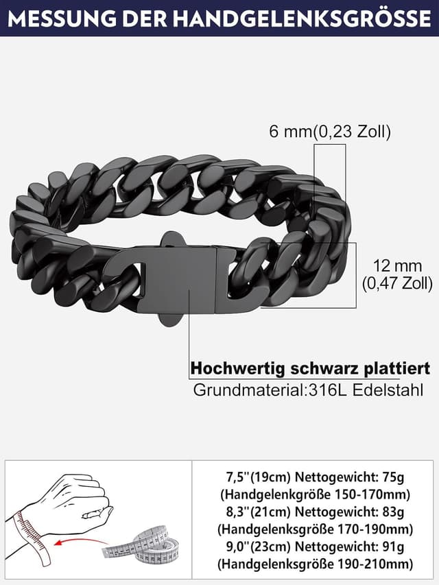 Detalle 2 de Bandmax Herren-Armbänder aus Edelstahl – Panzerarmband im Cuban-/Miami-Glieder-Design (5/7/9/12 mm) in Silber/Schwarz/Gold