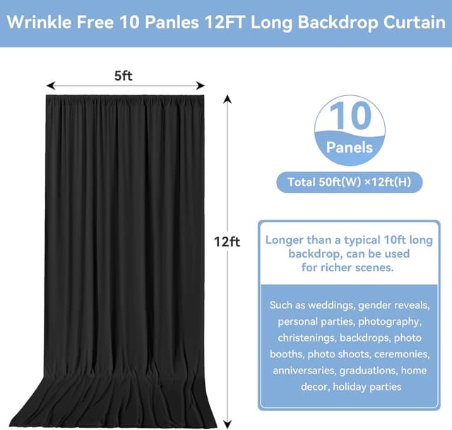 Thumbnail 5 de 50ftx12ft Black Wrinkle-Free Wedding Backdrop Curtain