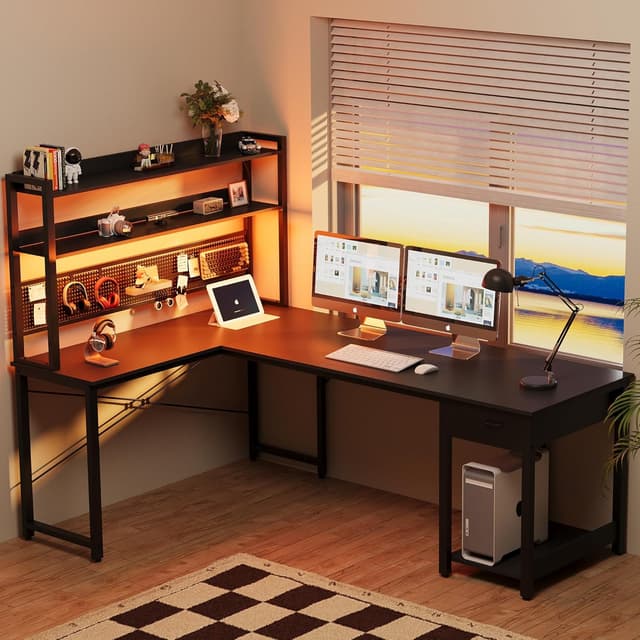 Detalle 2 de YOUDENOVA scrivania gaming angolare reversibile con pannello forato, libreria e LED RGB (155x100x152 cm) nero