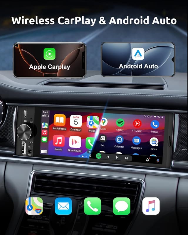 Detalle de ESSGOO Single-DIN car stereo with wireless CarPlay/Android Auto, 6.36-inch HD touchscreen and reverse camera input