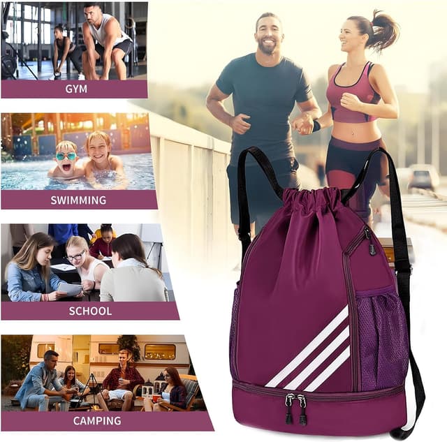 Detalle de Kids & Adults drawstring swimming bags – waterproof gym drawstring backpack with shoe compartment (Purple)