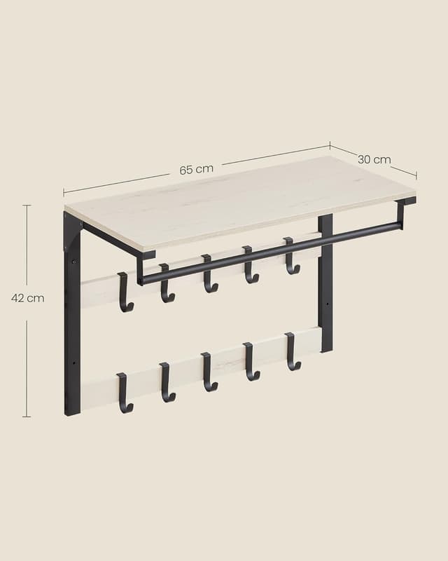 Detalle de VASAGLE Appendiabiti da parete con mensola e 10 ganci rimovibili LCR101W03 (bianco vintage e nero)