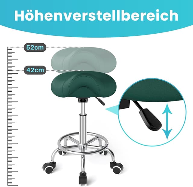 Thumbnail 6 de Sattelhocker Ergonomisch mit Rollen & Ringpedal – drehbarer, höhenverstellbarer Sattelstuhl (Grün)