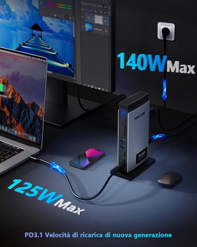 Detalle 2 de WAVLINK Docking Station USB-C 11-in-1 Triplo display con 2x HDMI + DP e PD 125W (Triplo display Single 8K@30Hz/4K@144Hz)
