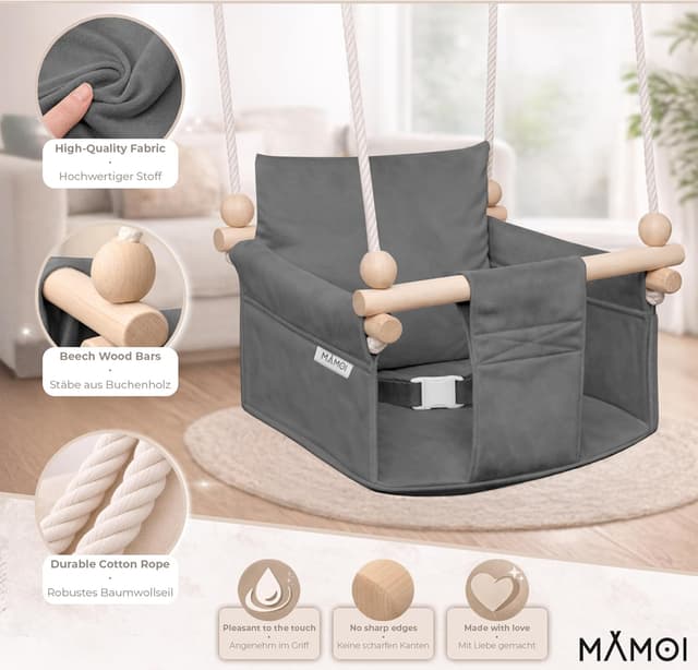 Detalle de MAMOI® balançoire d’intérieur bébé et enfants en bois et coton (balancelle scandinave)