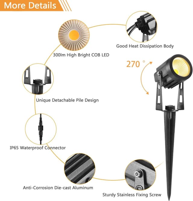 Detalle 2 de ECOWHO Garden Lights mains extendable outdoor LED spike uplighters (21m lead) – warm white, linkable up to 8 spots