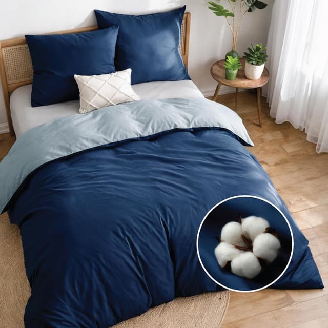 Detalle de Dreamzie Housse de couette 200x200 réversible en coton Bleu foncé (parure 3 pièces, Oeko-Tex)