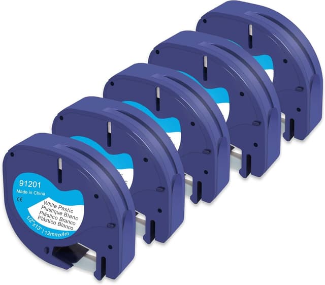 Detalle de Molabel 5er-Pack kompatible Dymo LetraTag Etikettenbänder 91221 – 12 mm x 4 m, schwarz auf weiß