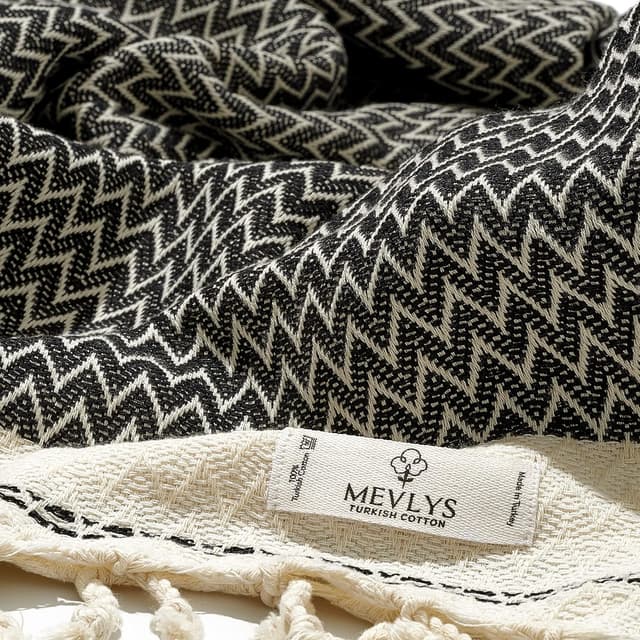 Detalle de MEVLYS Saunatuch & Hamamtuch (2er Pack) aus türkischer Baumwolle – Strand-, Yoga- und Picknickhandtücher, Schwarz/Pastellgrau