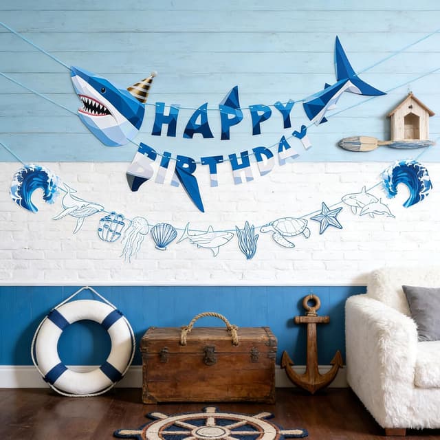 Detalle de SUNBEAUTY 3D Hai „Happy Birthday“ Banner Shark – Ozean-Thema Girlande für Kindergeburtstag, Classroom & Baby Shower