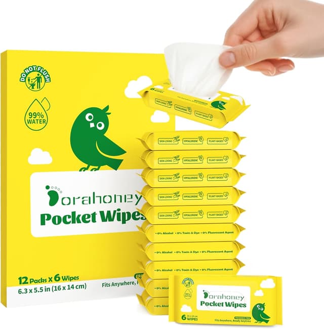 Detalle de DORAHONEY Dorahoney Lingettes Humides Voyage – lot de 12 (72 lingettes) sans parfum, hypoallergéniques