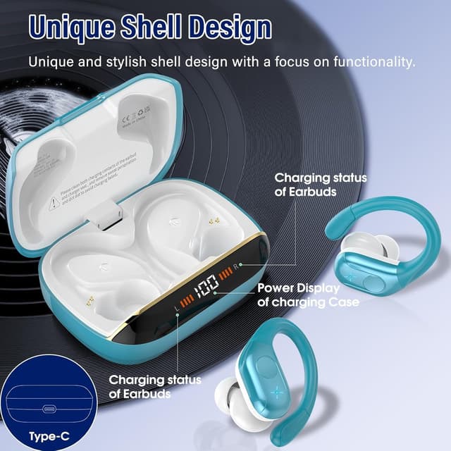 Detalle de Qecnato Wireless Earbuds Bluetooth 5.4 with 75H Playtime, Earhooks, LED Display, 4-Mic ENC (IP7 Waterproof) — Blue