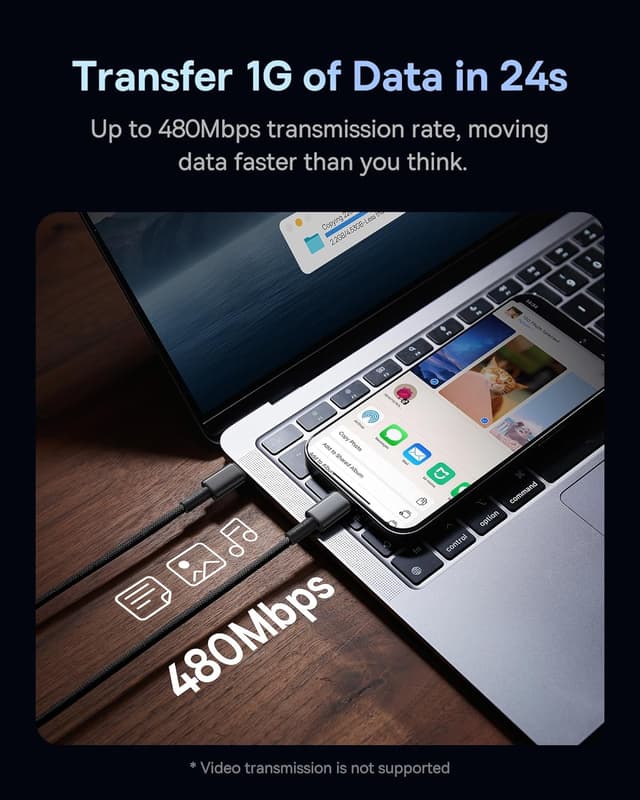 Detalle de Baseus USB-C auf USB-C Kabel (100 W, 2 m) mit PD 5A & QC 4.0 – Schnellladekabel für Laptop, iPad & Smartphone