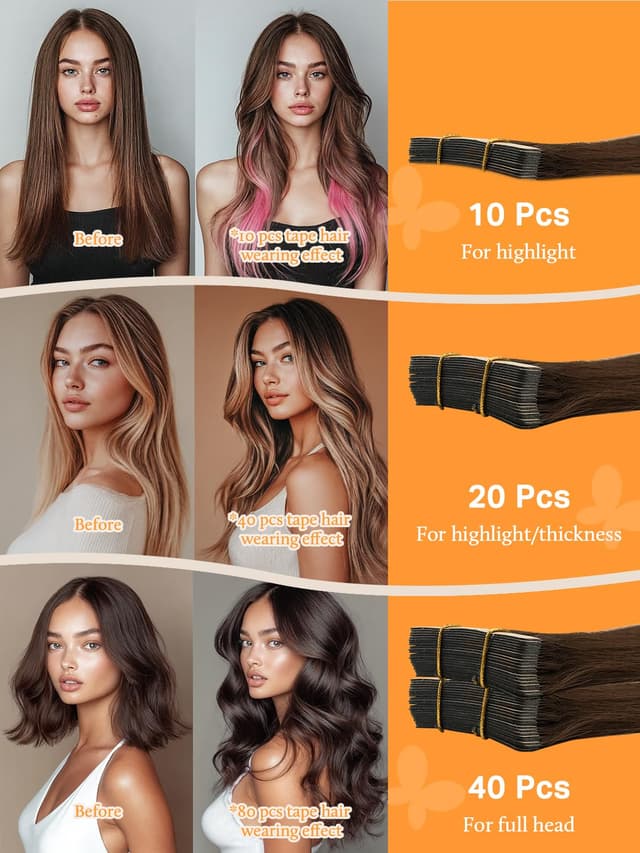 Detalle 2 de DOORES 14-Inch Tape-In Hair Extensions (Real Remy Human Hair), Chocolate Brown, 100g/40pcs