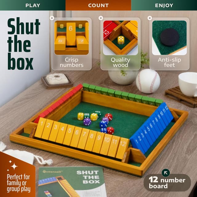 Detalle 2 de Queensell Shut The Box Wooden Game 14-inch