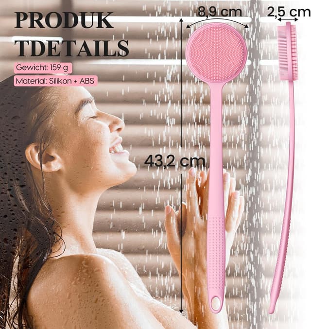 Detalle de Rückenbürste Dusche aus Silikon mit langem Stiel – doppelseitig, Massage- und Peelingbürste für Körper