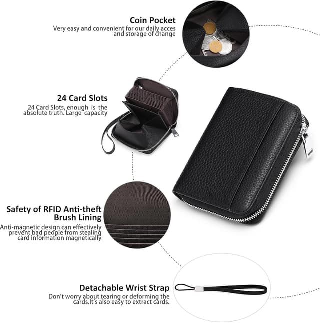 Detalle de SENDEFN women’s leather RFID credit card holder purse with wrist strap, coin pocket (24 slots)
