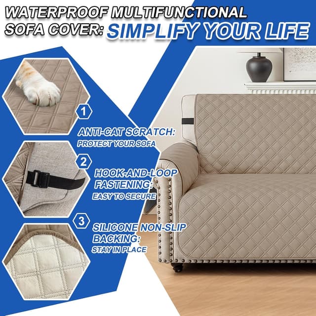 Thumbnail 6 de YSTELLAA Copridivano impermeabile 3 posti con braccioli, antigraffio per gatto e cane, trapuntato estivo con tasche antiscivolo Caffè Chiaro