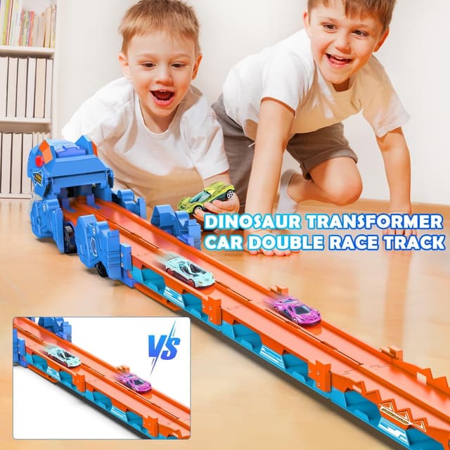 Detalle de VATOS 2-in-1 Dinosaurier-Transporttruck mit Klapp-Track und 8 Rennautos – Trägerfahrzeug-Spielset für Kinder (ca. 3–5 Jahre)