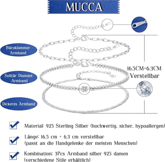 Detalle 2 de MUCCA Lot de 3 bracelets empilables en argent 925 pour femme, réglables et hypoallergéniques