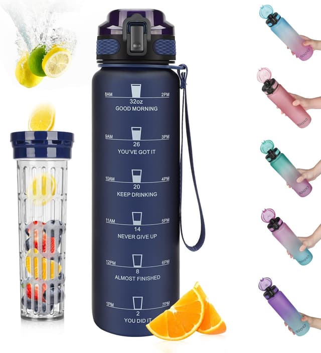 Detalle de Opard Trinkflasche 1L mit Früchtebehälter und Teesieb – BPA-frei, mit Zeit- und Volumenmarkierung