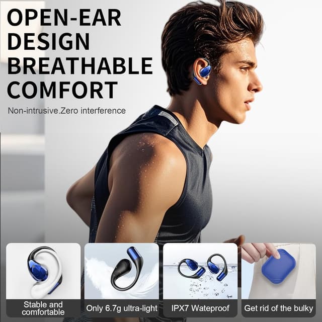 Detalle de 2026 Cuffie Open Ear Bluetooth 6.0 Sportive con gancio morbido e controlli touch, autonomia fino a 40 ore (IP7) – Blu scuro