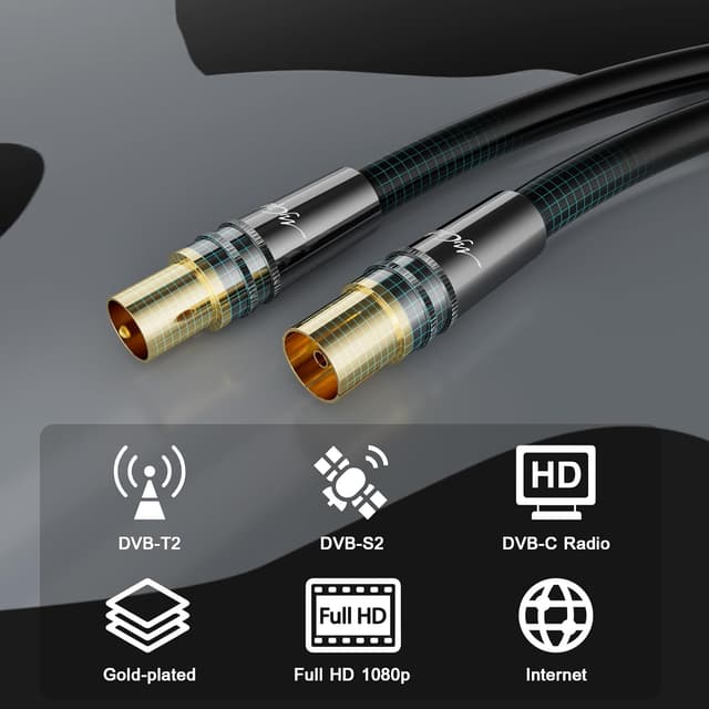 Detalle de Mygatti RG6 4K Koaxial-Antennenkabel 2 m, 75-Ohm, IEC Goldkontakte (für Digital & Analog, inkl. 5 Kabelbinder)