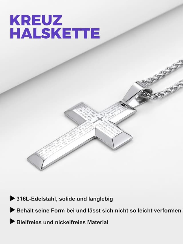 Detalle 2 de Richsteel Kreuzkette Halskette Herren (Edelstahl, Silber/Gold/Schwarz) verstellbar 55+5 cm, personalisierbar
