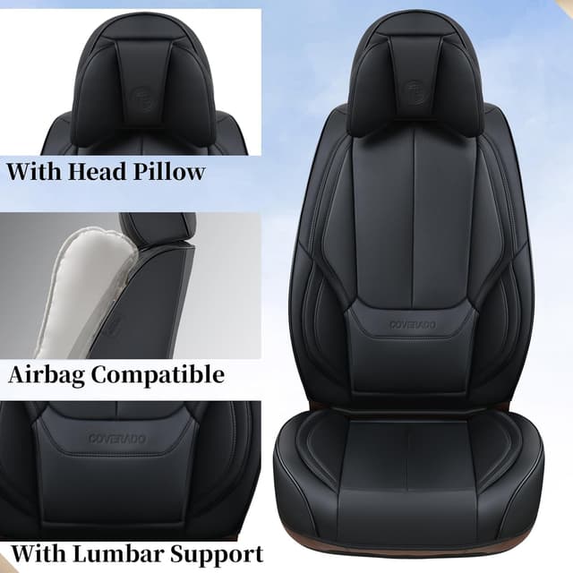 Detalle 2 de Coverado Car Seat Covers 5 Pieces Full Set Universal Waterproof Nappa Leather Auto Seat Protectors (Black)