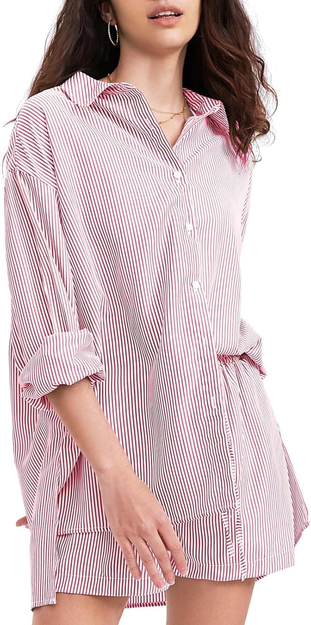 Detalle 2 de EXLURA Women’s Cotton Summer 2-Piece Long Sleeve Button-Down & Shorts Set