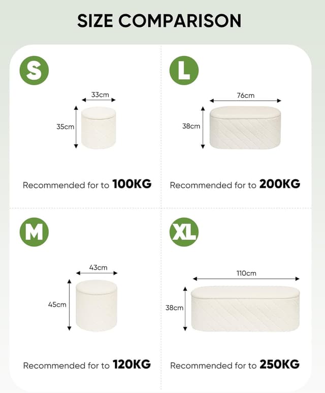 Detalle de Bonlife Round Ottoman Stool with Storage (33x33x35cm) – Boucle Folding Footstool with Lid & Tray, White