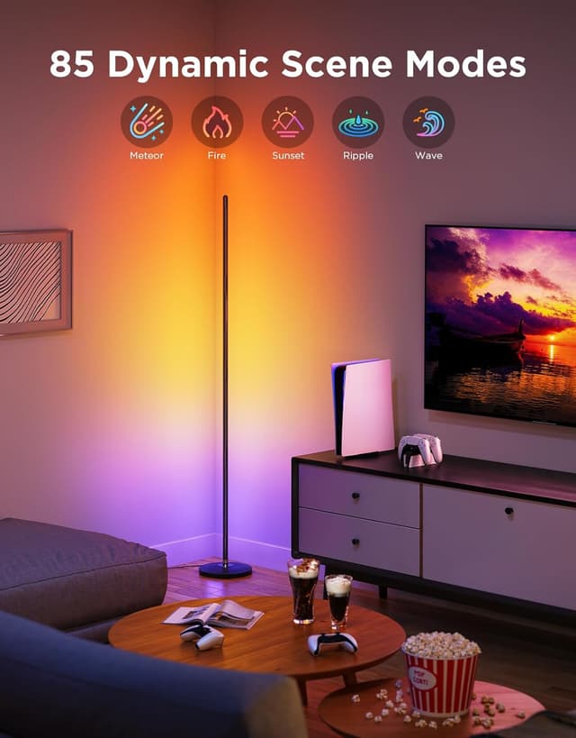 Detalle de Govee LED Floor Lamp (RGBIC Modern Corner Lamp) with 61 scene modes, music sync and app/voice control, black