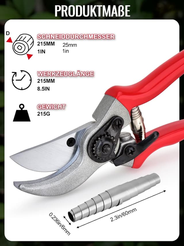 Detalle de Gartenschere mit Bypass-Schneide (Schnittdurchmesser 25 mm) & 2 Ersatzfedern – Japanische SK5-Klinge