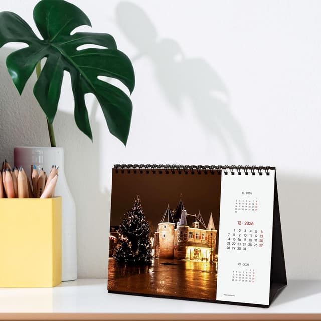 Detalle de Finocam Tischkalender 2026 Monatsansicht (Jan–Dez 2026 + Sep–Dez 2025 reduziert) mit mehrsprachigem Inhalt