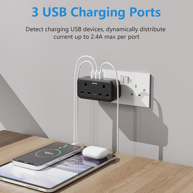 Detalle de Double Plug Adaptor 13A MSCIEN 4 AC Outlets and 3 USB Wall Extension (Black)