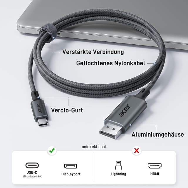 Thumbnail 6 de Acer USB‑C auf DisplayPort Kabel (4K@60Hz, 2K@165Hz) mit MST, Thunderbolt 3/4 kompatibel – 2 m