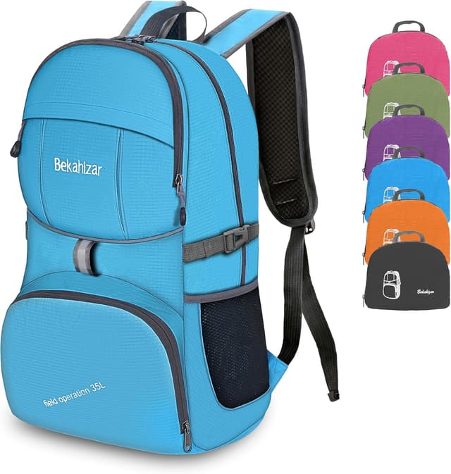 Detalle de Bekahizar Lightweight Foldable Backpack 35L (Blue) – packable daypack for hiking, travel and everyday trips