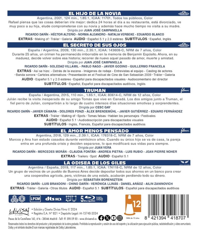 Detalle de Divisa HV Ricardo Darín Pack 5 Películas Blu-ray