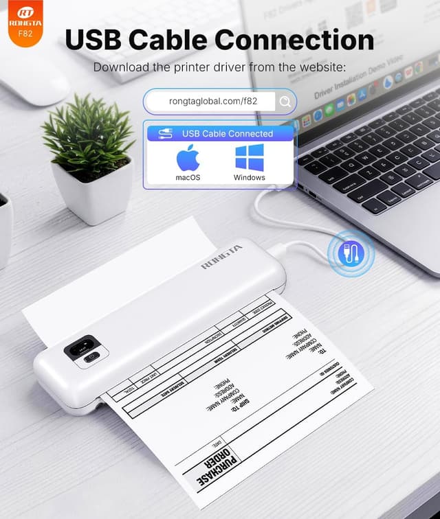 Detalle de Rongta F82 Portable Wireless Thermal Printer (Inkless) for Travel, A4, Bluetooth & USB — White