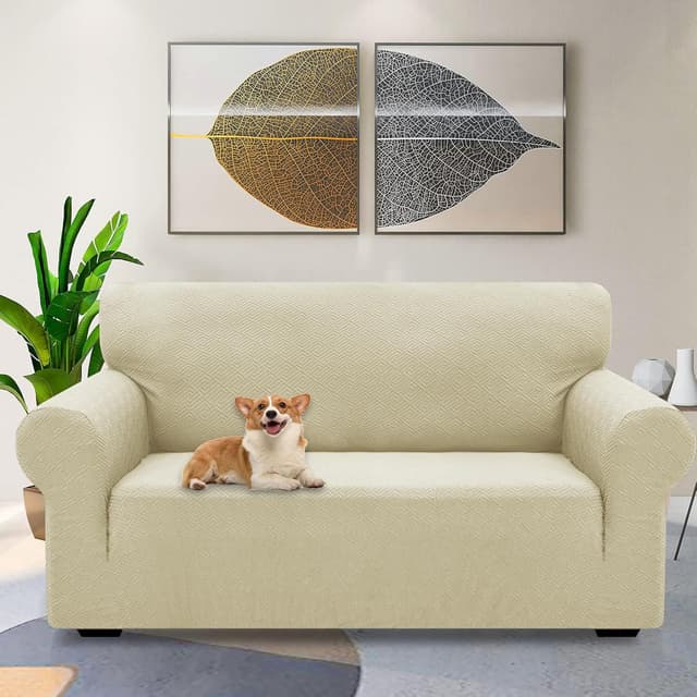 Detalle 2 de Ystyle Housse de canapé extensible 3 places beige clair avec accoudoirs, antidérapante