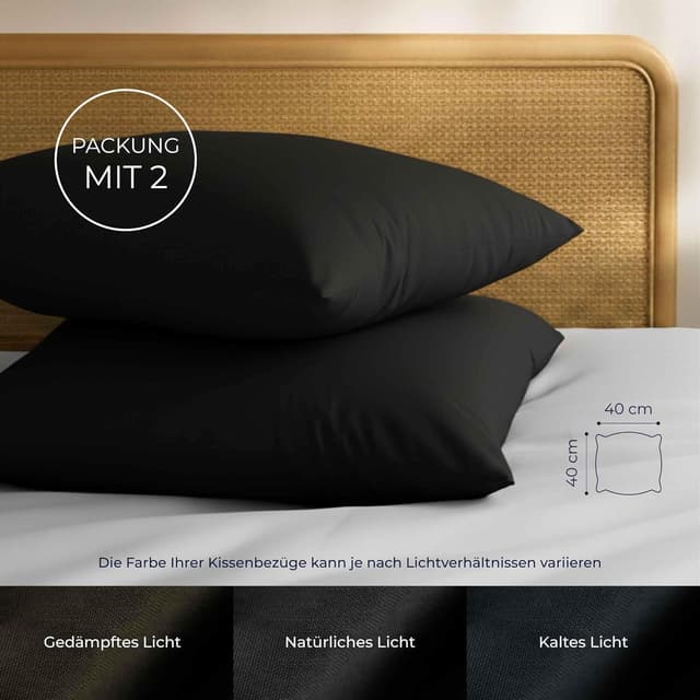 Detalle 2 de Dreamzie Kissenbezug 40x40 Baumwolle Renforcé im 2er-Set, Schwarz