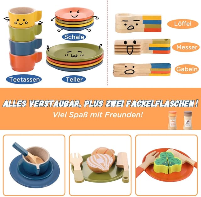 Detalle de GAGAKU Holz-Geschirrset für Kinder (26-teilig) – Kinderküche & Spielküche Zubehör