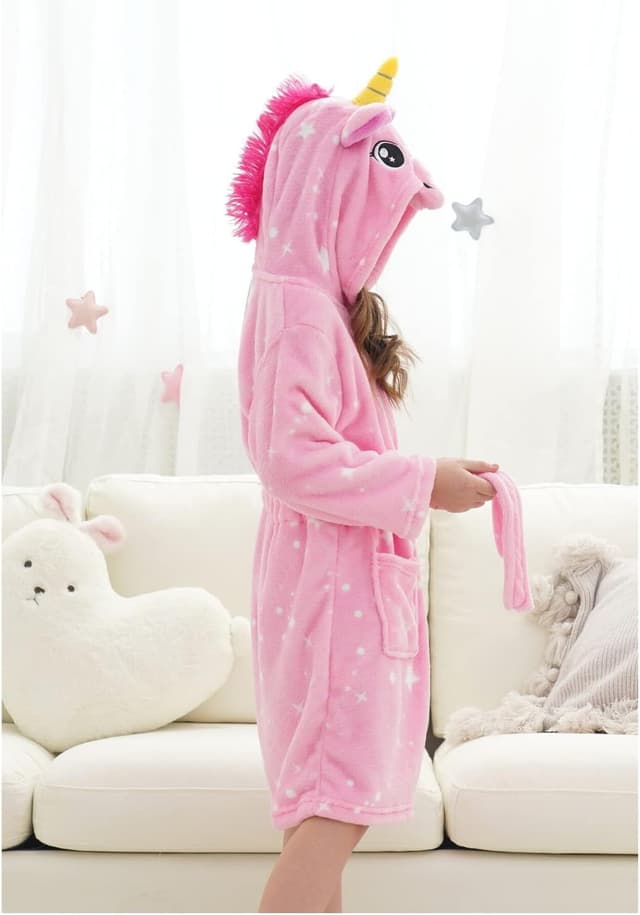 Detalle de Piefry peignoir fille à capuche licorne en flanelle (avec pantoufles) – 4 pièces